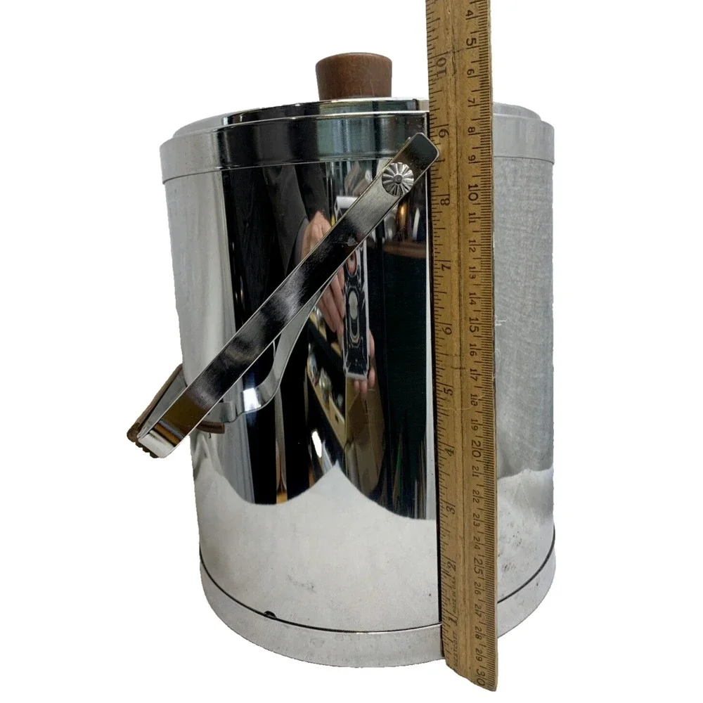 Kromex Ice Bucket Chrome Barware MCM USA w/ box wood accent handles Vint. Large
